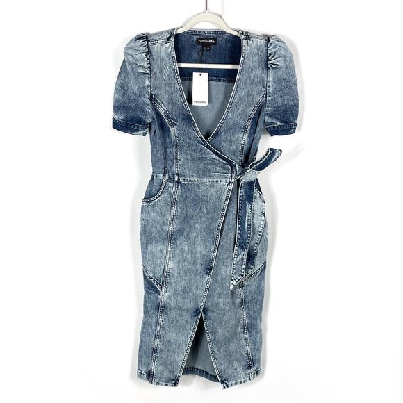 Retrofete Zelda Wrap‎ Dress Sienna Blue Denim V-Neck Puff Sleeve Sz S - Picture 4 of 11